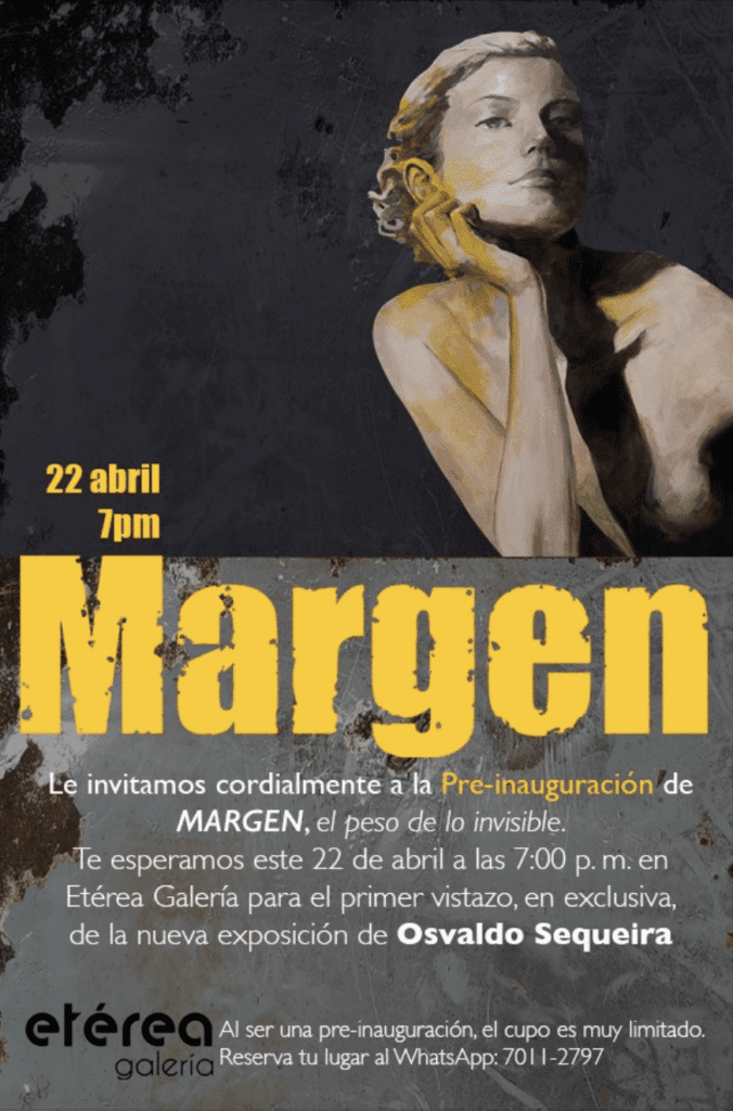 A portrait of a woman, her visage illuminated amid deep shadow, anchors an invitation to Osvaldo Sequeira’s Margen exhibition.