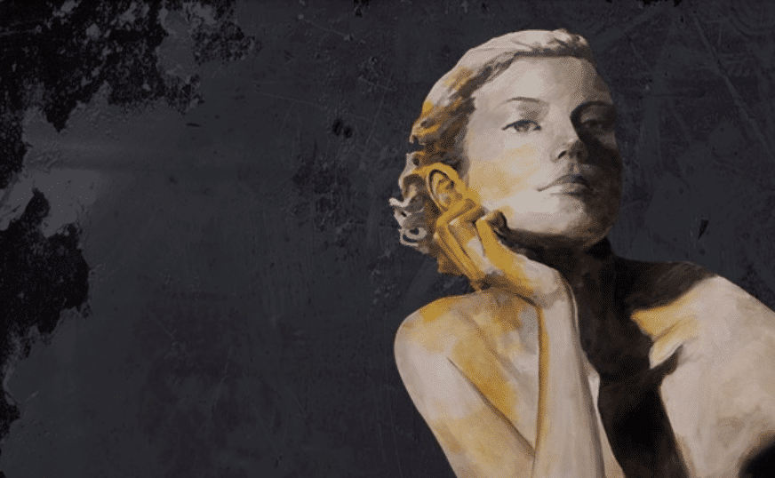 This expressive modern portrait, by artist Osvaldo Sequeira, depicts a short-haired woman posed thoughtfully against a textured gray backdrop.