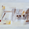 Untitled: Costa Rican abstraction with white and gray ground, energetic brown, beige, yellow strokes; dark circles, gold flecks, red square left. , an original work available at MÍRAME Fine Art.