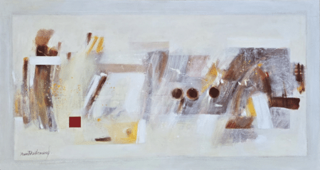 Untitled: Costa Rican abstraction with white and gray ground, energetic brown, beige, yellow strokes; dark circles, gold flecks, red square left. , an original work available at MÍRAME Fine Art.
