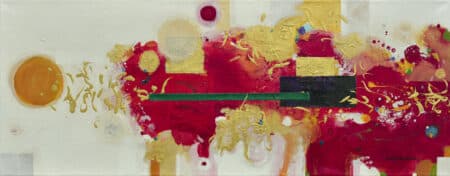 Sol y Atardecer (Sun & Sunset) presents a central red splatter, gold swirls, and geometric forms atop creamy textures and sunset hues. An original sunset painting in Costa Rica, available at MÍRAME Fine Art.