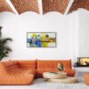 In a refined interior of white walls and undulating brick ceilings, the abstract "Montaña" crowns an orange sofa with vibrant energy. , an original work available at MÍRAME Fine Art.
