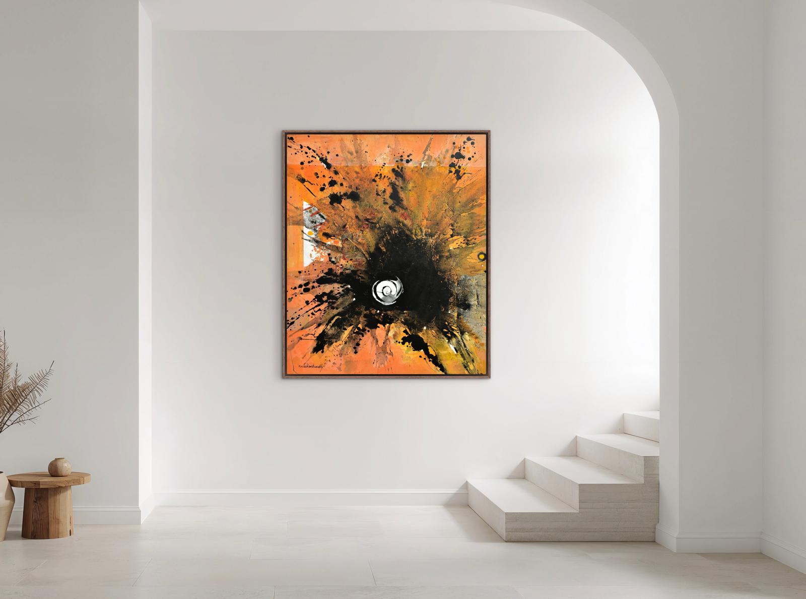 In a modern, minimalist space, "El Reto" commands attention—dynamic orange, yellow, and black splashes encircle a white core. , an original work available at MÍRAME Fine Art.