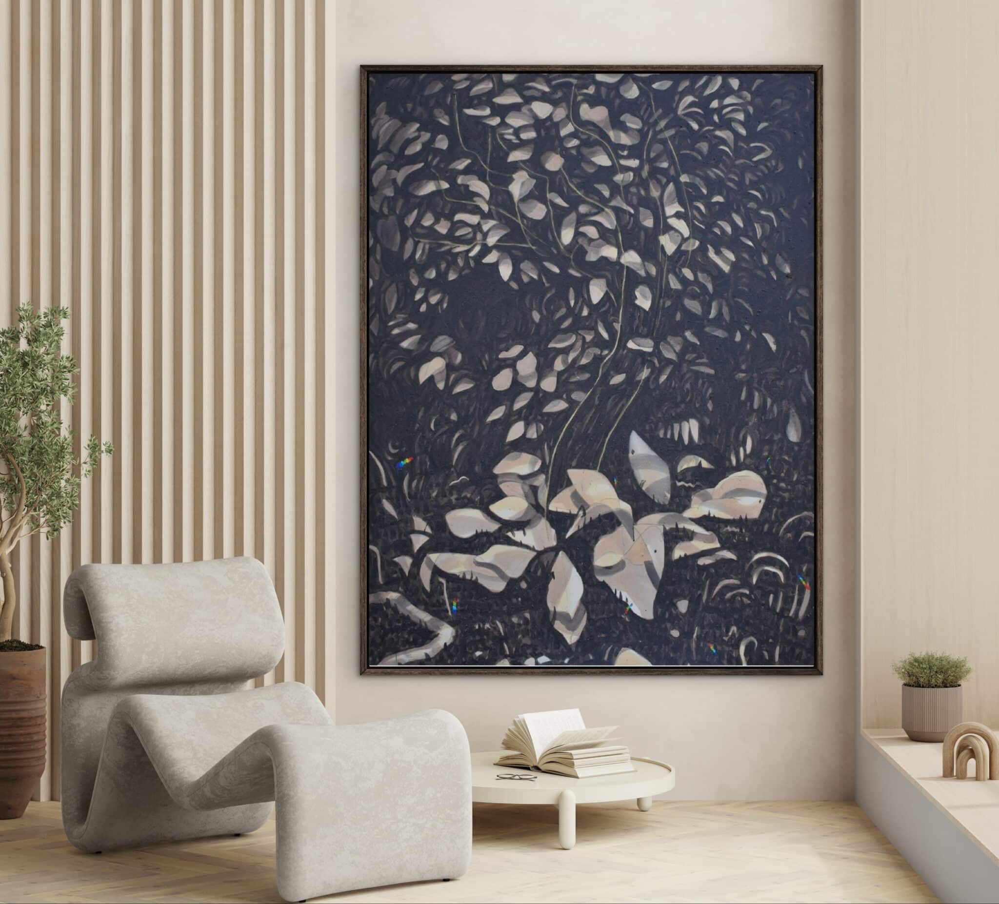 In a refined minimalist space, "Paisaje #13," an evocative acrylic of dark foliage in black frame, commands the wall above curated decor. An original work available at MÍRAME Fine Art.