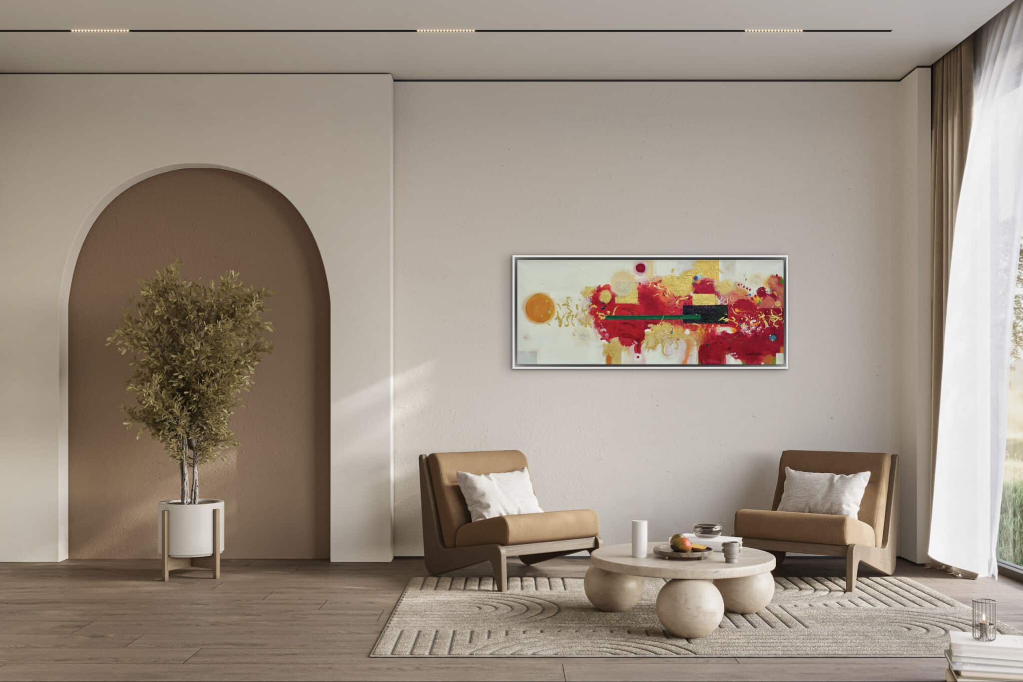 A refined living room features "Sol y Atardecer" above tan armchairs, its vibrant hues infusing the space with curated warmth.