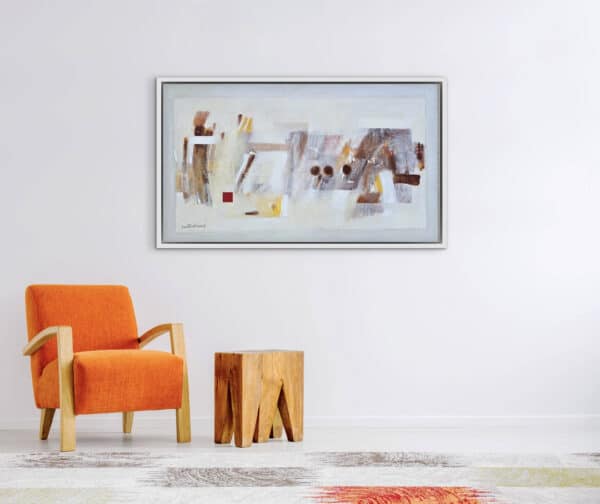 In a contemporary setting, "Untitled," a grand Costa Rican artwork in neutral browns and silver, anchors an inviting composition. , an original work available at MÍRAME Fine Art.