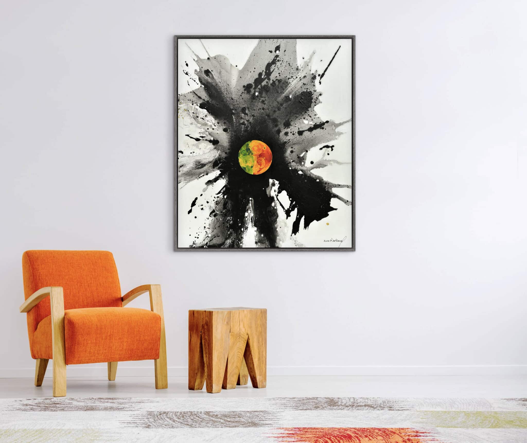 In a modern living room, "La Naturaleza Gana" commands attention, its vivid ink splatters evoking nature’s indomitable essence. , an original work available at MÍRAME Fine Art.