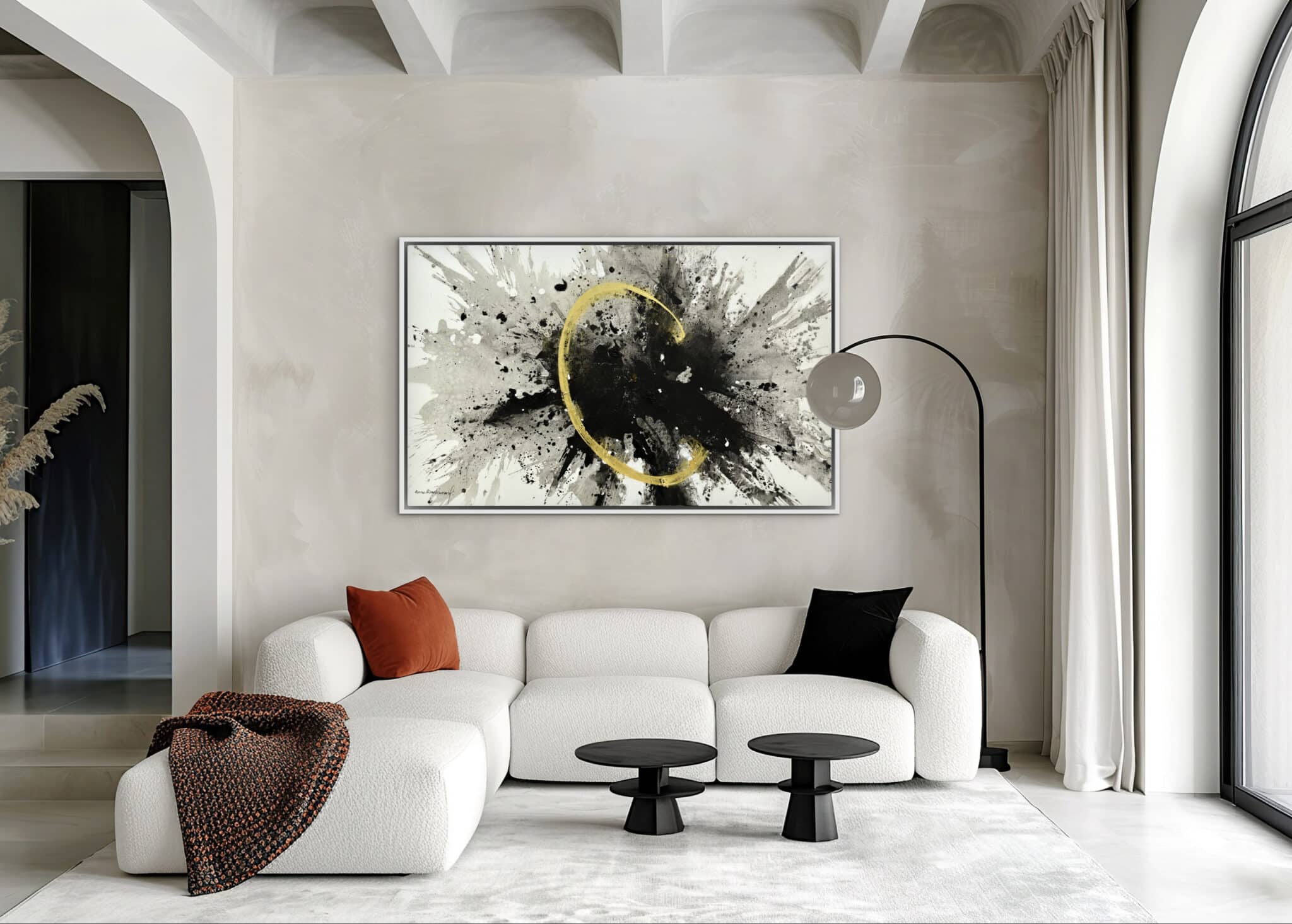 A white curved sectional with bold cushions anchors a refined space, highlighted by ¡La Luz Gana!—an explosive gold-curved artwork. , an original work available at MÍRAME Fine Art.