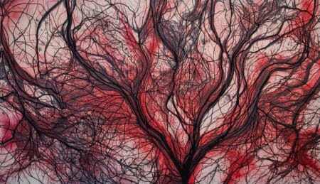 EMDR VI by Alessandra Sequeira, red and black mixed media. Dark, branching lines traverse a luminous red and pink field, evoking delicate veins or roots in striking abstraction. An original work available at MÍRAME Fine Art.