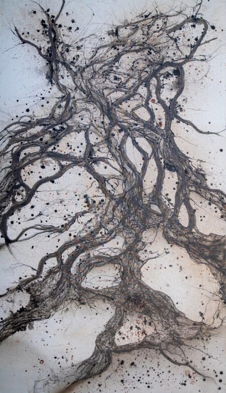 A natural dye painting in Costa Rica by Alessandra Sequeira, titled EMDR IV. An abstract, organic motif: dark, entwined branches on a pale field, enlivened by expressive red and black inks. An original work available at MÍRAME Fine Art.