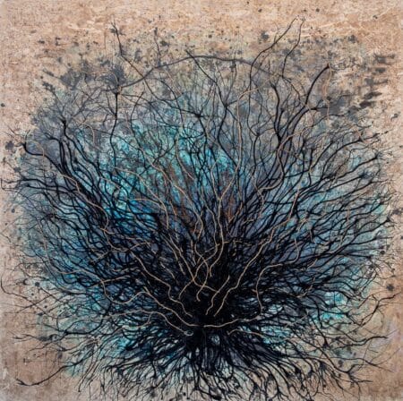EMDR II by Alessandra Sequeira, presents mixed media and natural minerals, with black, leafless branches radiating outward atop an earthy ground, with blue and teal accents evoking organic dynamism. An original work available at MÍRAME Fine Art.