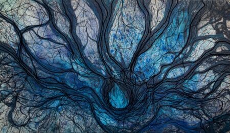 EMDR III, mineral pigment and acrylic painting by Alessandra Sequeira presents interlaced black and blue lines radiating from a central void, recalling roots or neural pathways, on a vibrant blue-gray field. An original work available at MÍRAME Fine Art.