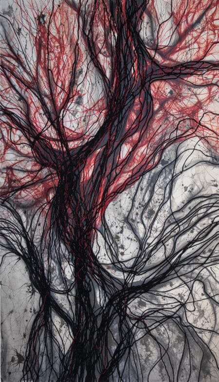 EMDR IX presents an intricate black and red ink and thread artwork with linear forms, reminiscent of veins, across a gray textured ground, embodying organic dynamism. An original work available at MÍRAME Fine Art.