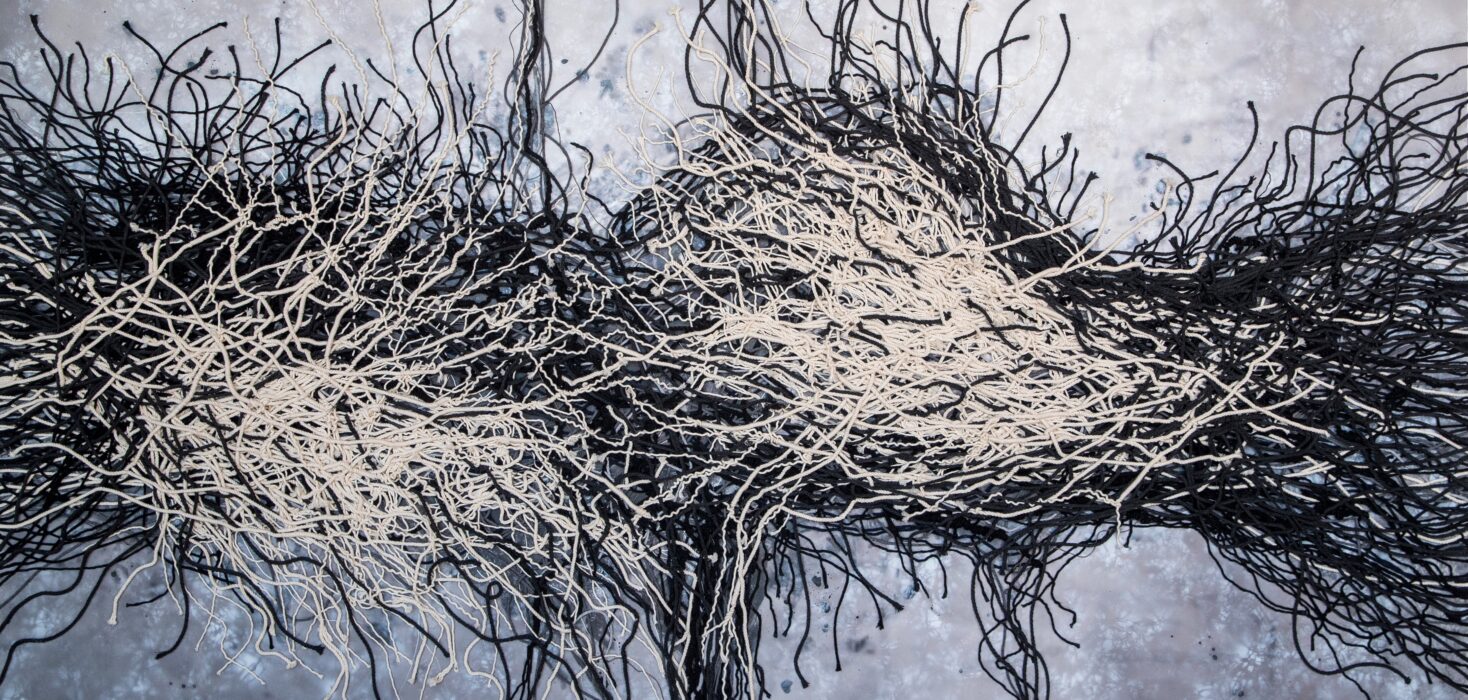 EMDR VII by Alessandra Sequeira - Latin American Mixed Media Art - presents textile painting in Costa Rica, with intertwined black and beige roots on a textured gray field, their dense clusters set against a nuanced speckled ground. , an original work available at MÍRAME Fine Art.