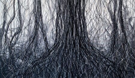 EMDR VIII by Alessandra Sequeira, a mixed media with textile intervention work. A labyrinth of black and gray roots and branches, layered with mixed media and textiles on a misty background. An original work available at MÍRAME Fine Art.
