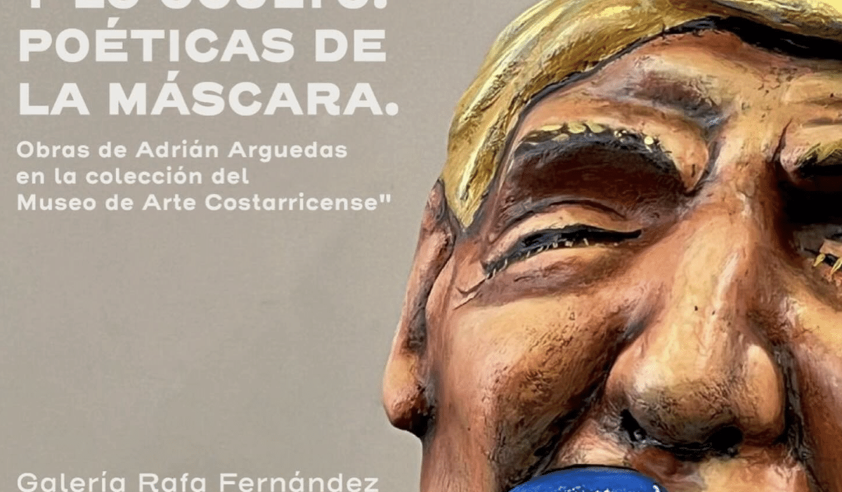 The image presents a vibrant, intricately crafted mask with expressive features; adjacent Spanish text promotes the Galería Rafa Fernández mask exhibition in Costa Rica (April 30–June 13, 2026), set against a neutral gray backdrop. , an original work available at MÍRAME Fine Art.