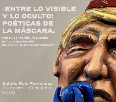 The image presents a vibrant, intricately crafted mask with expressive features; adjacent Spanish text promotes the Galería Rafa Fernández mask exhibition in Costa Rica (April 30–June 13, 2026), set against a neutral gray backdrop. , an original work available at MÍRAME Fine Art.