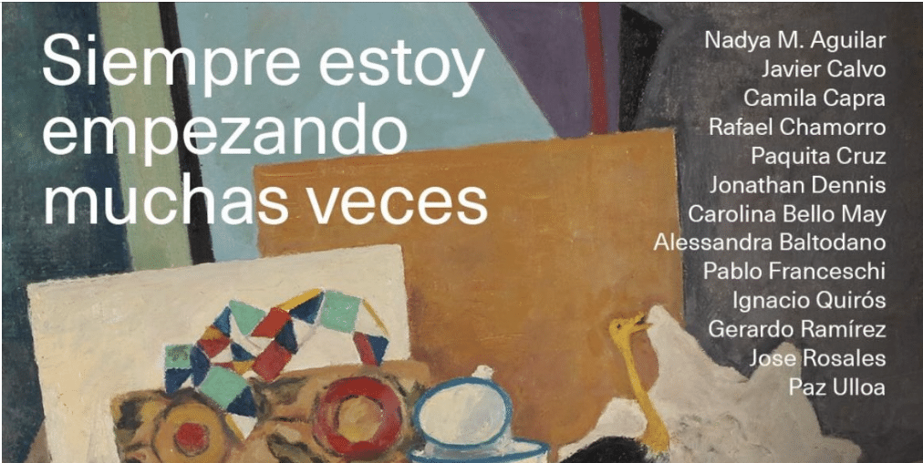 A refined abstract composition with geometric forms and subdued hues features the Spanish phrase "Siempre estoy empezando muchas veces." At right, a list of names in crisp white font accentuates deCERCA San José. ,