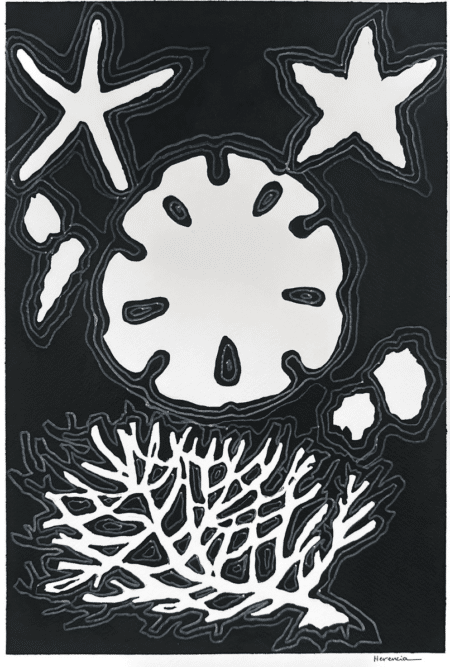Costa Rican marine life art. Karla Herencia Costa Rican coastal art, a refined black-and-white composition evokes Costa Rican coastal motifs: starfish, sand dollar, shells, and coral in bold contrast. Available at MÍRAME Fine Art.