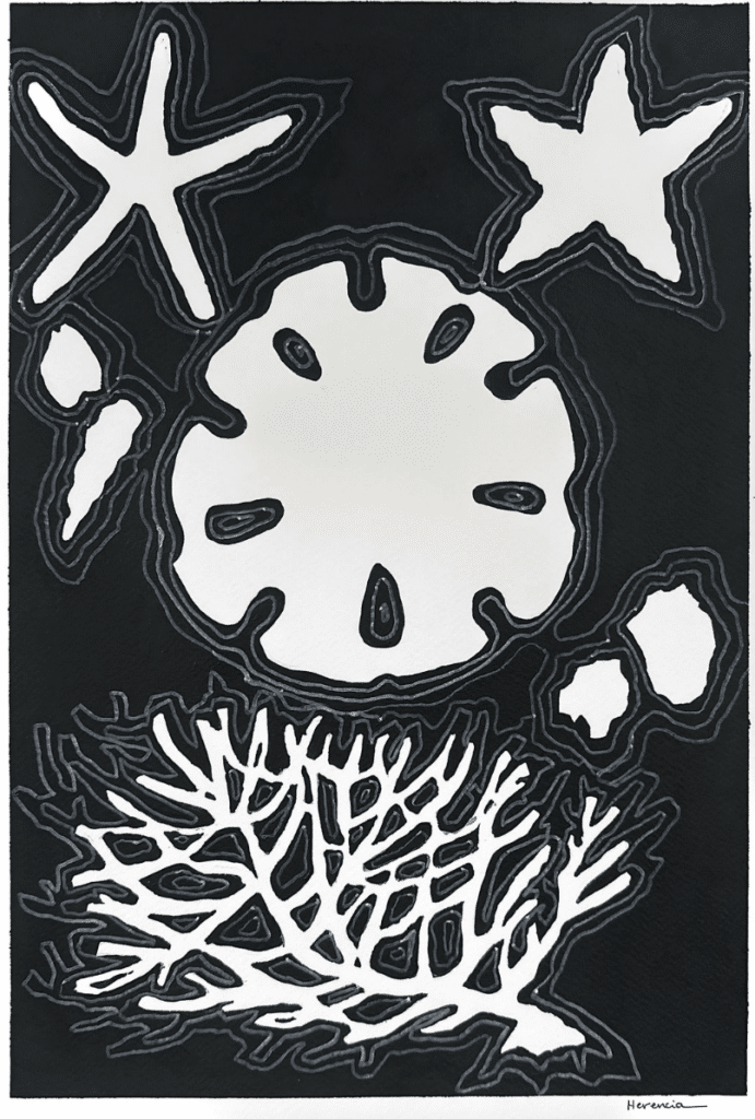 Karla Herencia Costa Rican coastal art, a refined black-and-white composition evokes Costa Rican coastal motifs: starfish, sand dollar, shells, and coral in bold contrast. Available at MÍRAME Fine Art.