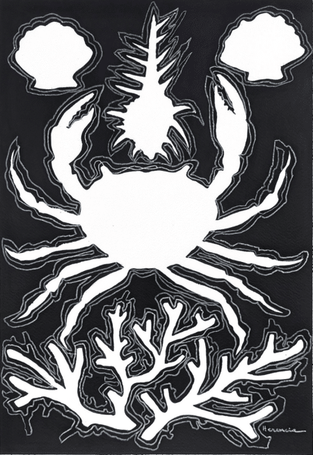 Part of Karla Herencia natural forms works on paper series. A refined black and white line composition, evocative of Costa Rican coastal traditions, depicts a crab lifting its claws beneath an ornate spiky shell. Two rounded forms accent the scene near the claws, while coral-inspired motifs anchor the lower portion. Bold white contours sharply define each element against a striking black field. Available at MÍRAME Fine Art.