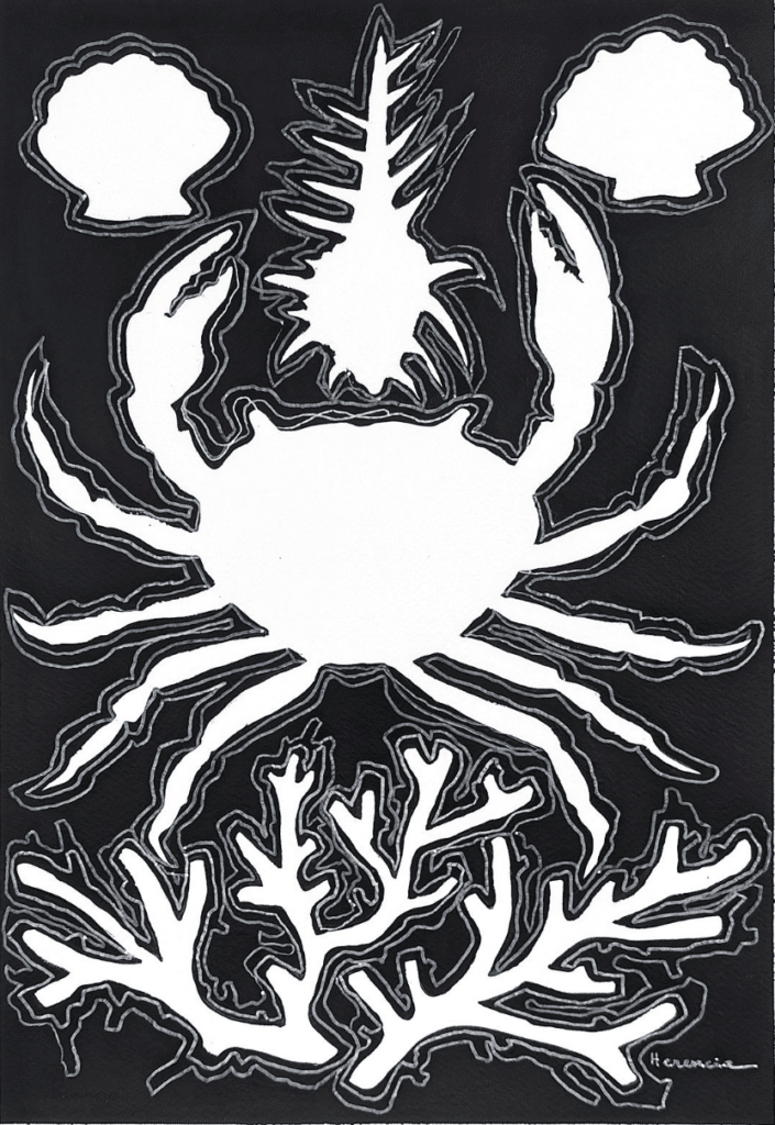 Karla Herencia refined black and white line composition, evocative of Costa Rican coastal traditions, depicts a crab lifting its claws beneath an ornate spiky shell. Two rounded forms accent the scene near the claws, while coral-inspired motifs anchor the lower portion. Bold white contours sharply define each element against a striking black field. Available at MÍRAME Fine Art.