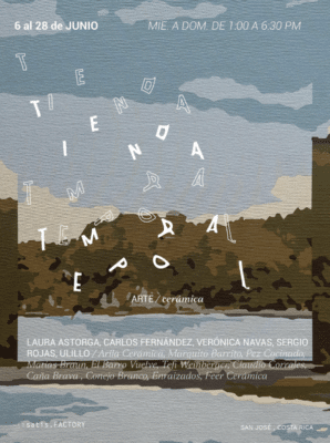 An artfully curated poster for Satisfactory San José features undulating white typography atop a pixelated vista, details elegantly overlaid in brown below.