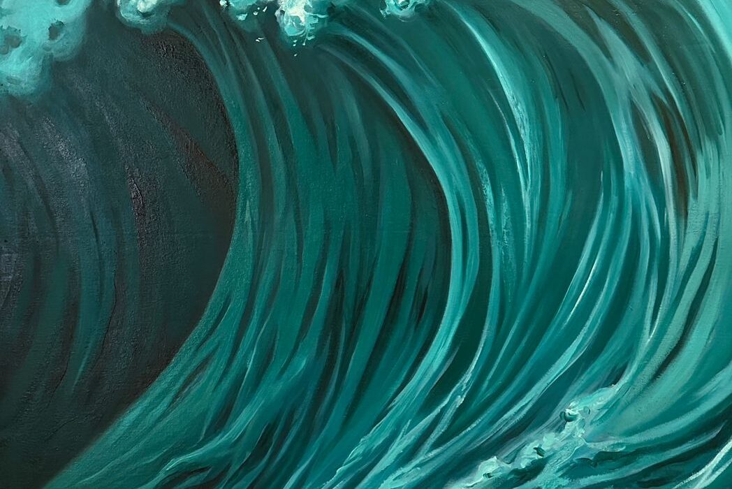 Costa Rican coastal art by Karla Herenica, a large Costa Rican wave painting in oil, evoking Costa Rican coastal artistry, with dynamic turquoise waves, foamy crests, and expressive blue-green motion. An original work available at MÍRAME Fine Art.