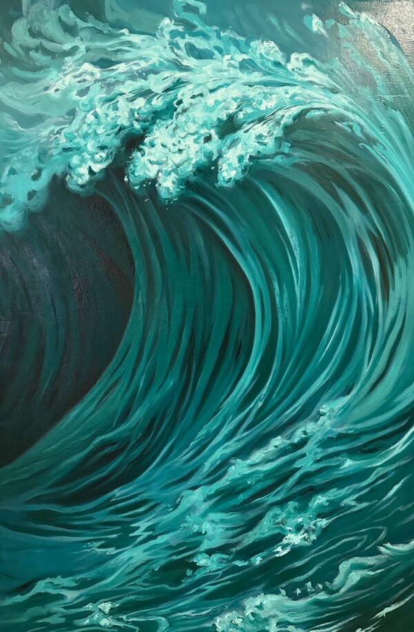 Costa Rican coastal art by Karla Herenica, a large Costa Rican wave painting in oil, evoking Costa Rican coastal artistry, with dynamic turquoise waves, foamy crests, and expressive blue-green motion. An original work available at MÍRAME Fine Art.