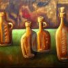 Still Life painting by Milo Gonzalez, part of the Latin American still life painting tradition. A quartet of brown glass bottles of differing heights rests on green, set before a blurred, warm backdrop. Impressionist, bold brushwork. An original work available at MÍRAME Fine Art.
