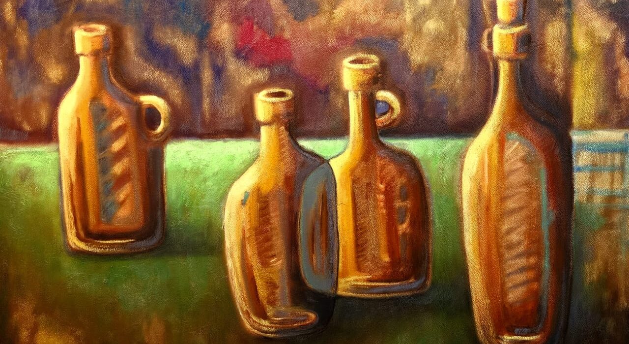 Still Life painting by Milo Gonzalez, part of the Latin American still life painting tradition. A quartet of brown glass bottles of differing heights rests on green, set before a blurred, warm backdrop. Impressionist, bold brushwork. An original work available at MÍRAME Fine Art.