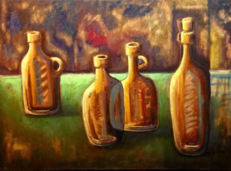 Still Life painting by Milo Gonzalez, part of the Latin American still life painting tradition. A quartet of brown glass bottles of differing heights rests on green, set before a blurred, warm backdrop. Impressionist, bold brushwork. An original work available at MÍRAME Fine Art.