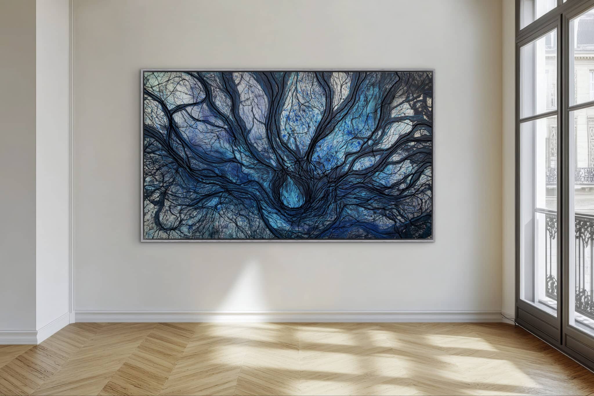 EMDR III by Alessandra Sequeira, an expansive abstract canvas of dynamic blue and black lines, graces a luminous gallery with herringbone floors and tall windows. An original work available at MÍRAME Fine Art.