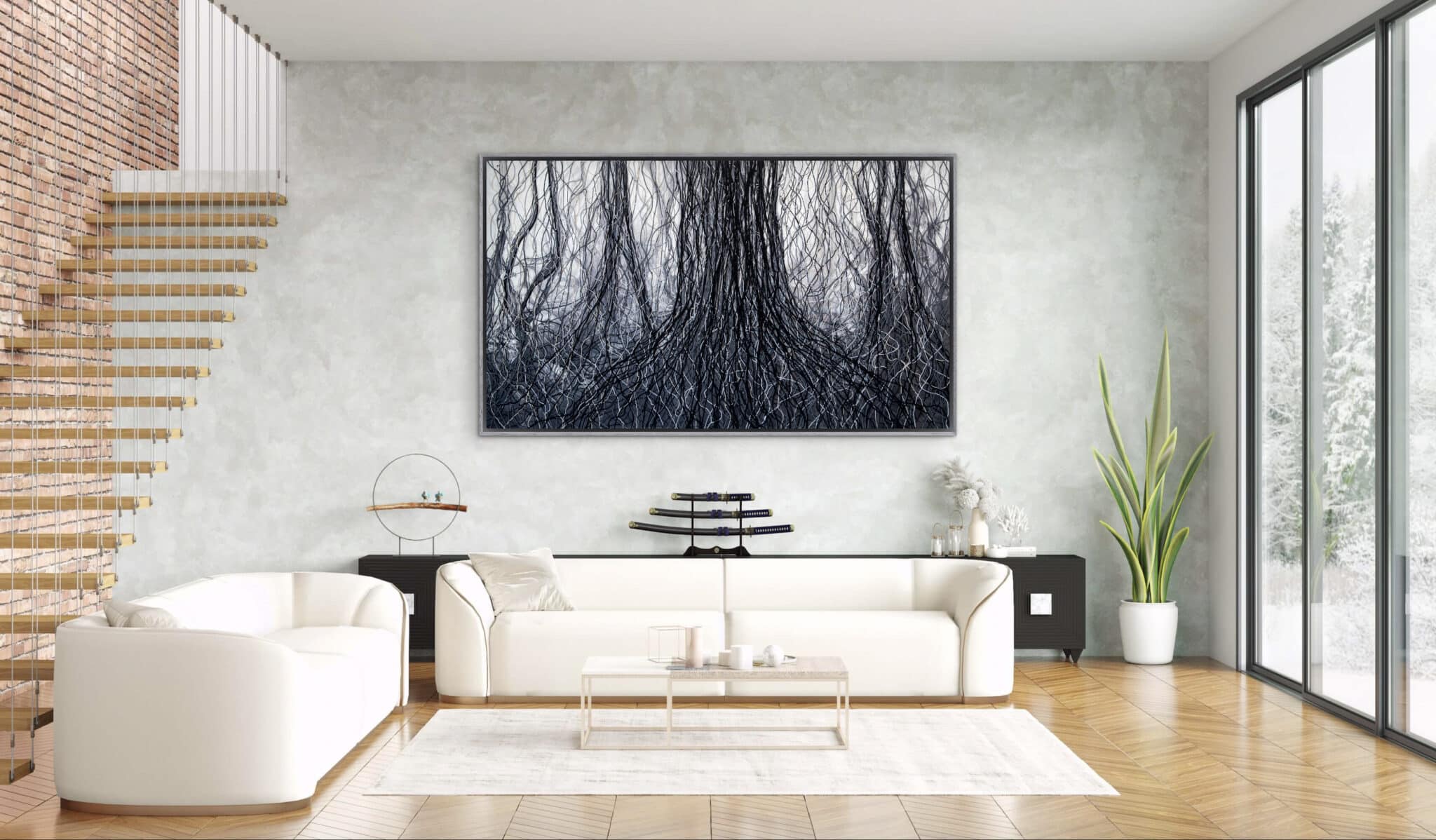 The elegant living room elegantly showcases EMDR VIII by Alessandra Sequeira, a mixed media masterpiece, set amid refined furnishings and wintry views. , an original work available at MÍRAME Fine Art.