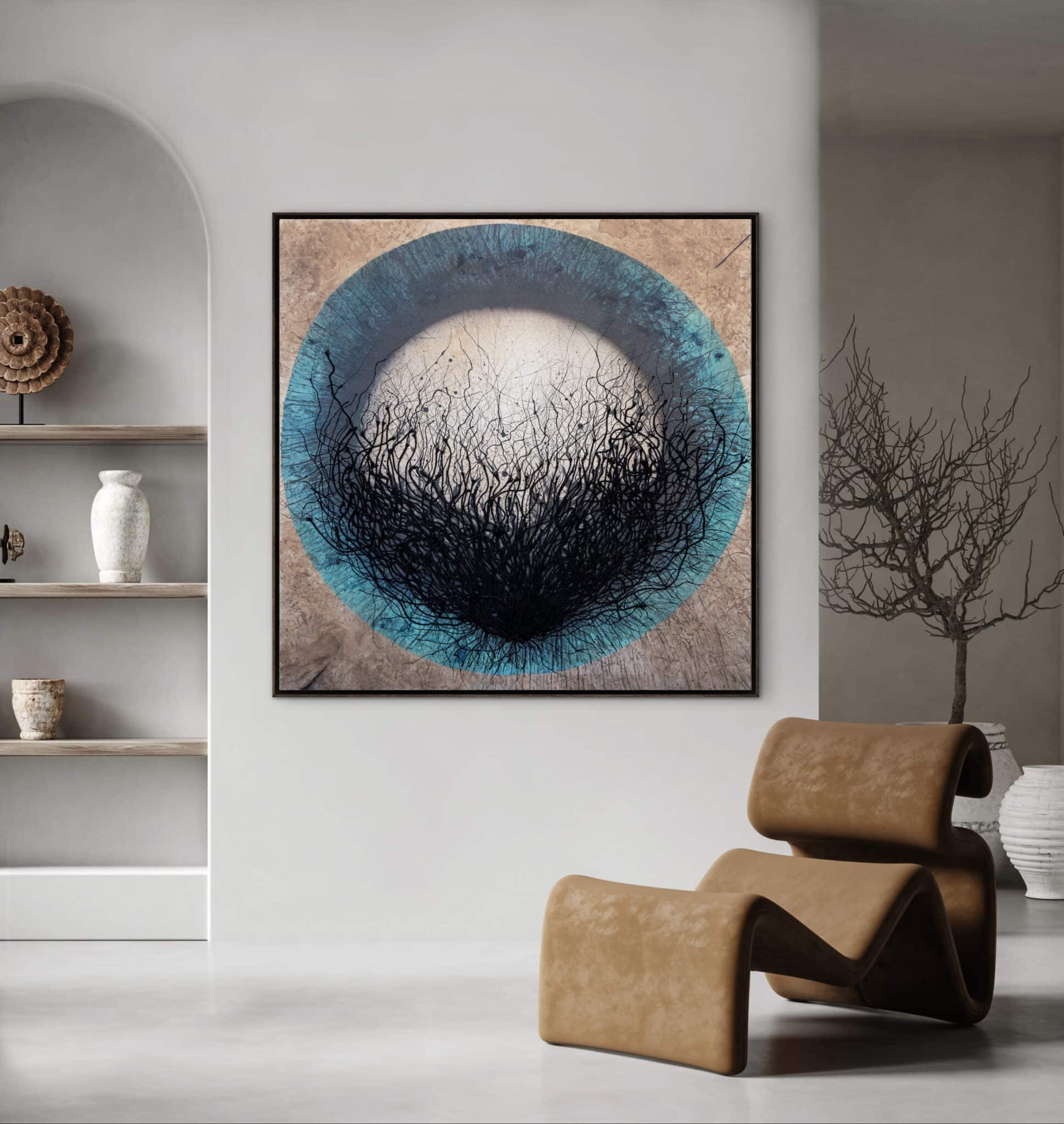 A refined interior highlights "EMDR I," an abstract work of blue and brown orbs with black lines, echoed by sculptural furnishings. , an original work available at MÍRAME Fine Art.