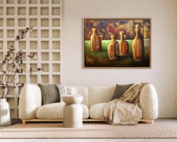 In a refined modern living room, “Still Life” with vivid abstract bottles graces the textured wall above an elegant cream sofa. , an original work available at MÍRAME Fine Art.