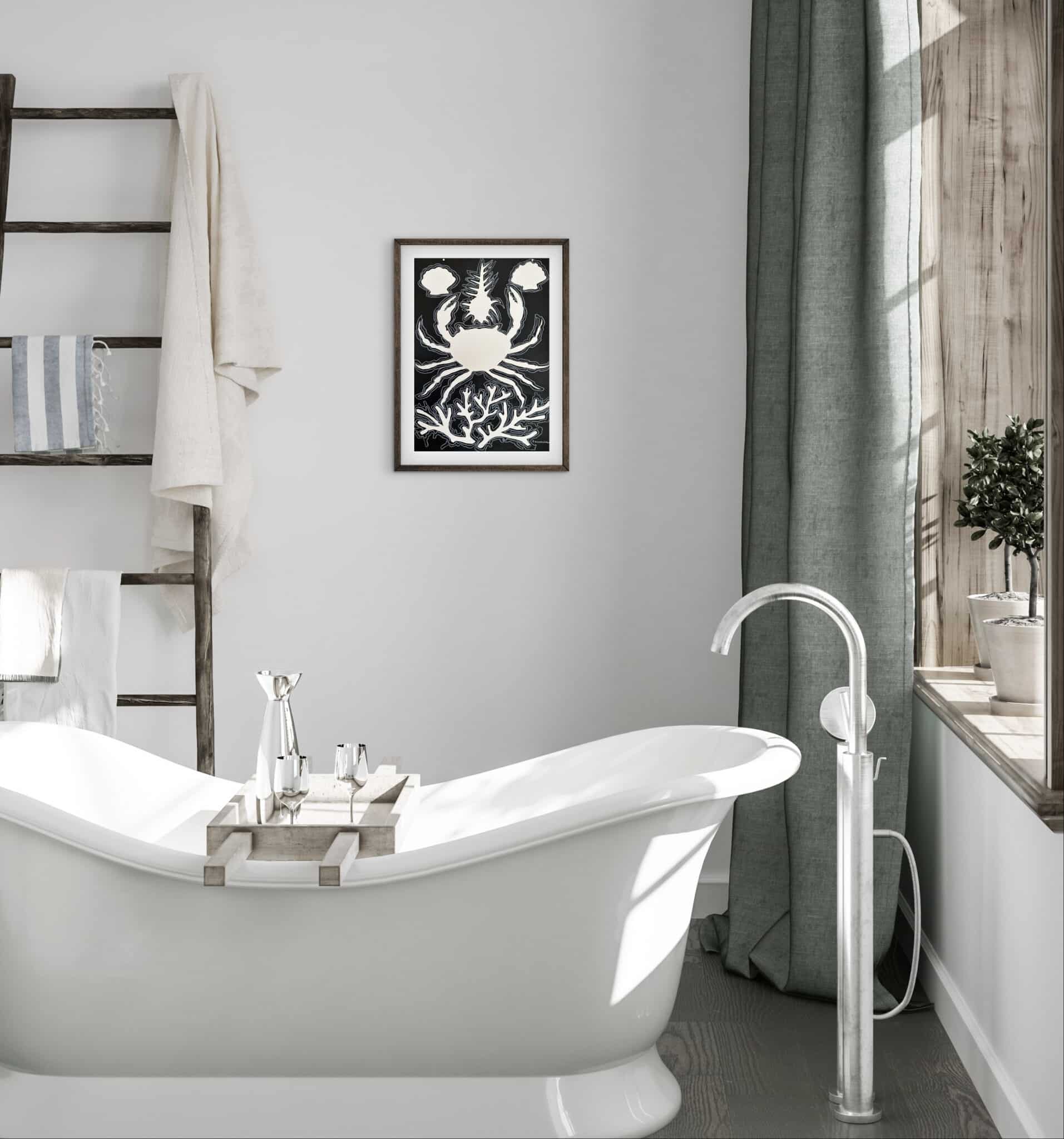A refined modern bathroom featuring a white freestanding tub and an evocative black-and-white artwork by Karla Herencia from "El silencio tiene formas. , an original work available at MÍRAME Fine Art.