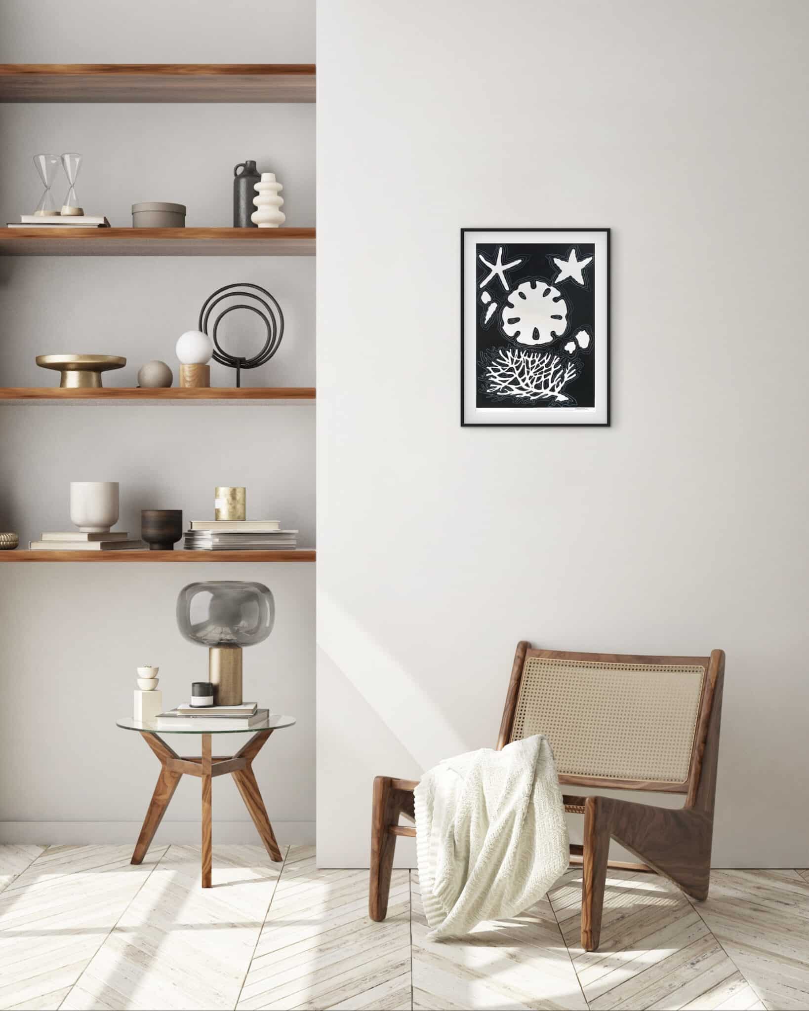 An elegant minimalist interior, highlighted by geometric shelving and a "El silencio tiene formas" oceanic print on a soft wall. , an original work available at MÍRAME Fine Art.