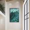 A striking Pasaje Líquido painting by Karla Herencia of a teal wave graces a cream wall in an airy, modern space with timber details and balcony greenery. , an original work available at MÍRAME Fine Art.
