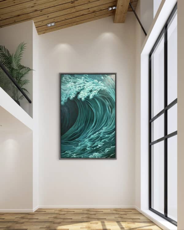 A striking Pasaje Líquido painting by Karla Herencia of a teal wave graces a cream wall in an airy, modern space with timber details and balcony greenery. , an original work available at MÍRAME Fine Art.