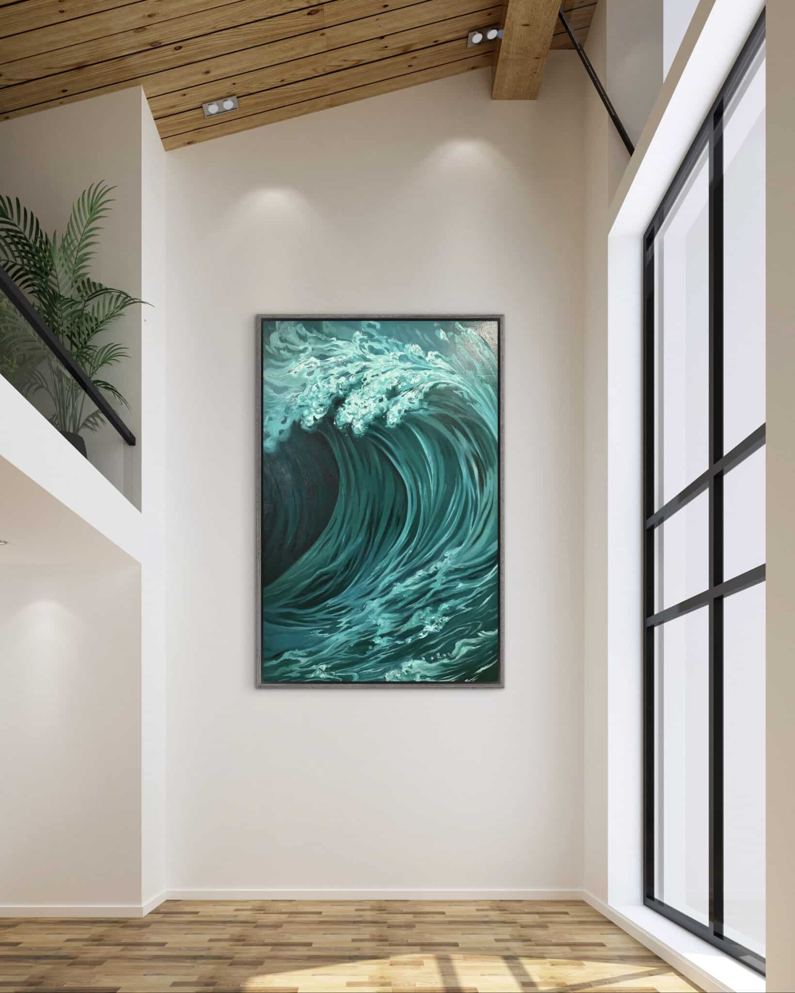 A striking Pasaje Líquido painting by Karla Herencia of a teal wave graces a cream wall in an airy, modern space with timber details and balcony greenery. , an original work available at MÍRAME Fine Art.