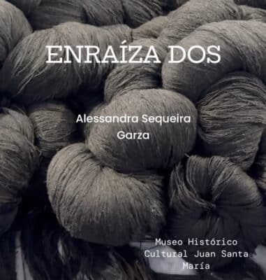 An intricate study of dark, interlaced fibers in dense knots and loops; overlaid text announces a vibrant Costa Rican exhibition of artwork by Alessandra Sequeira Garza.