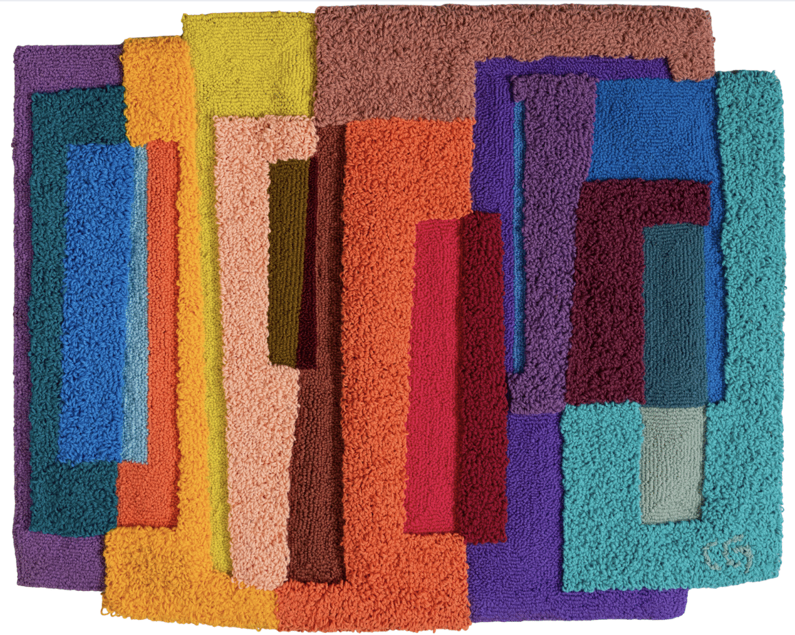 This bold geometric tapestry features bold shapes in rich hues with textured tufted ground. An original work available at MÍRAME Fine Art.