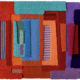 This geometric tapestry artwork by Guillermet presents vivid red, orange, purple, blue, and teal blocks with intricate patterns and tactile, looped textures. , an original work available at MÍRAME Fine Art.