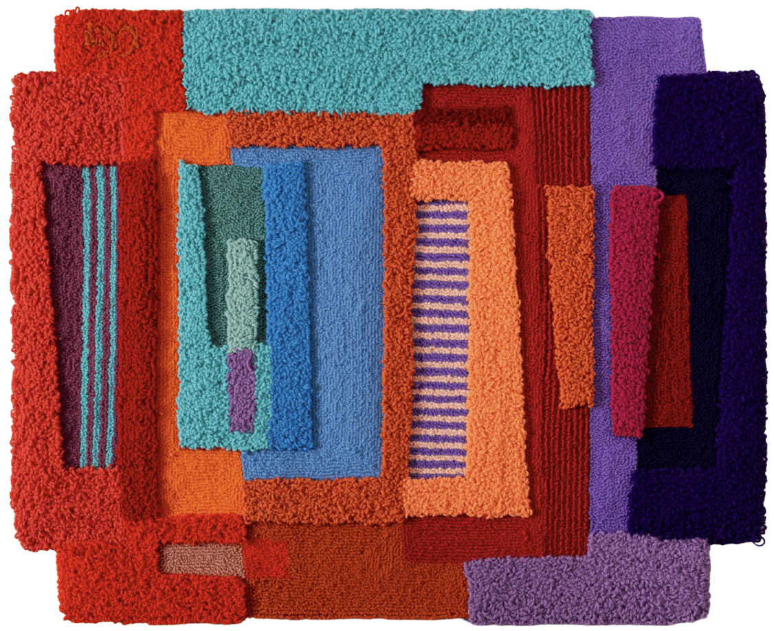 This geometric tapestry artwork by Guillermet presents vivid red, orange, purple, blue, and teal blocks with intricate patterns and tactile, looped textures. , an original work available at MÍRAME Fine Art.