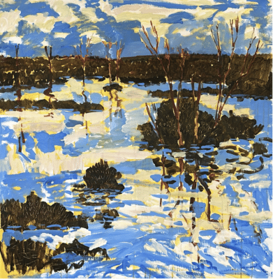 A dynamic Pacific Coast landscape by Isaac Loría, captures marsh wetlands, luminous water reflections, and vivid contrasts in masterful brushwork. It is on show July 2026 at the Costa Rica Country Club Escazu. An original work available at MÍRAME Fine Art.