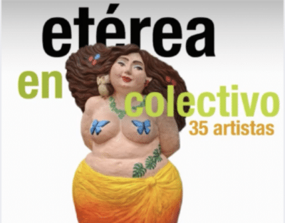 A vibrant clay sculpture of a curvaceous woman with flowing brown hair, adorned with butterflies, wildlife, and nature motifs. "etérea en colectivo 35 artistas" celebrates Costa Rican artistry. , an original work available at MÍRAME Fine Art.