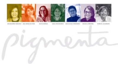 Pigmenta Galería Talentum, a banner presents six women’s color-filtered portraits titled by name; “pigmenta” appears below.